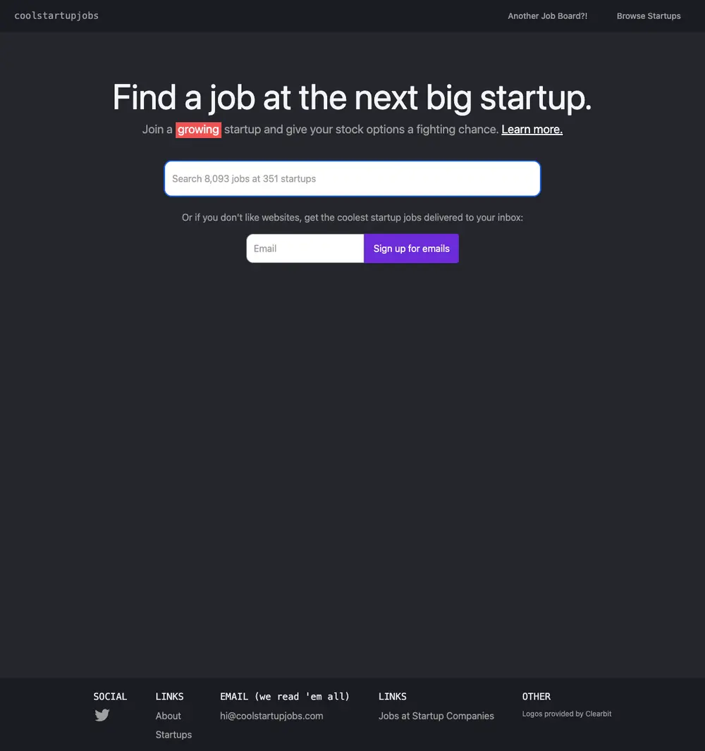 coolstartupjobs job board platform screenshot showing job search interface