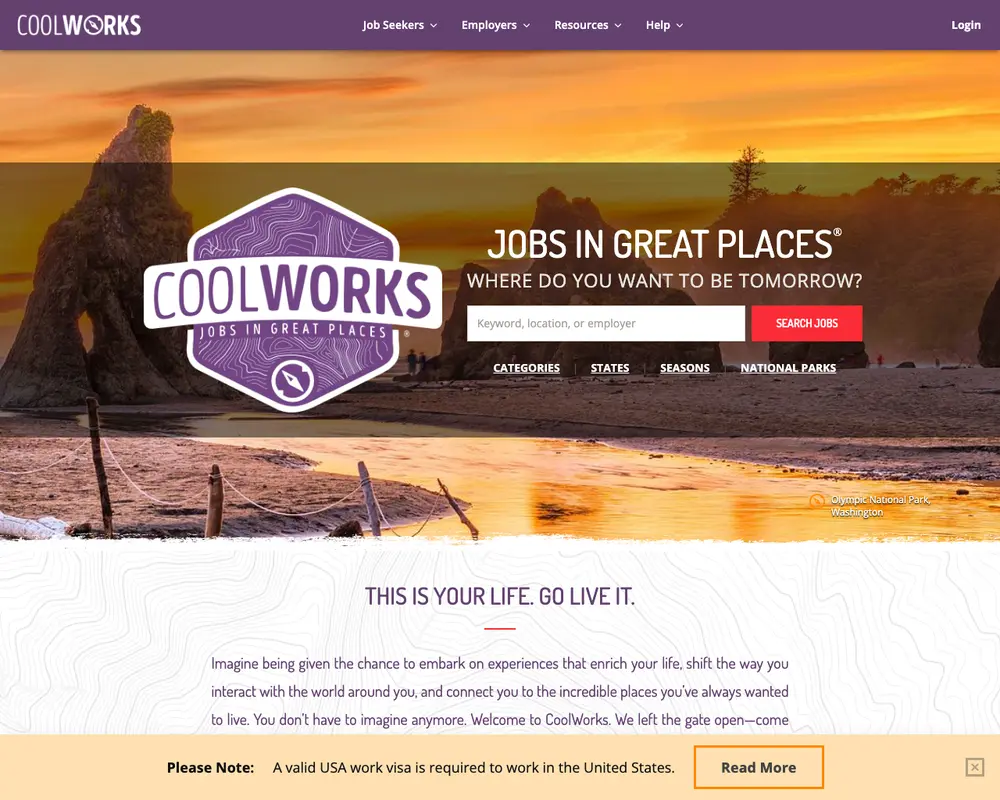 CoolWorks job board platform screenshot showing job search interface