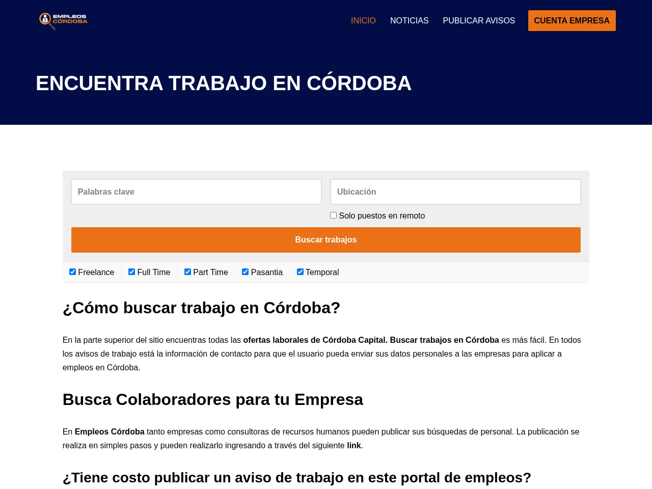 Córdoba Empleos job board platform screenshot showing job search interface