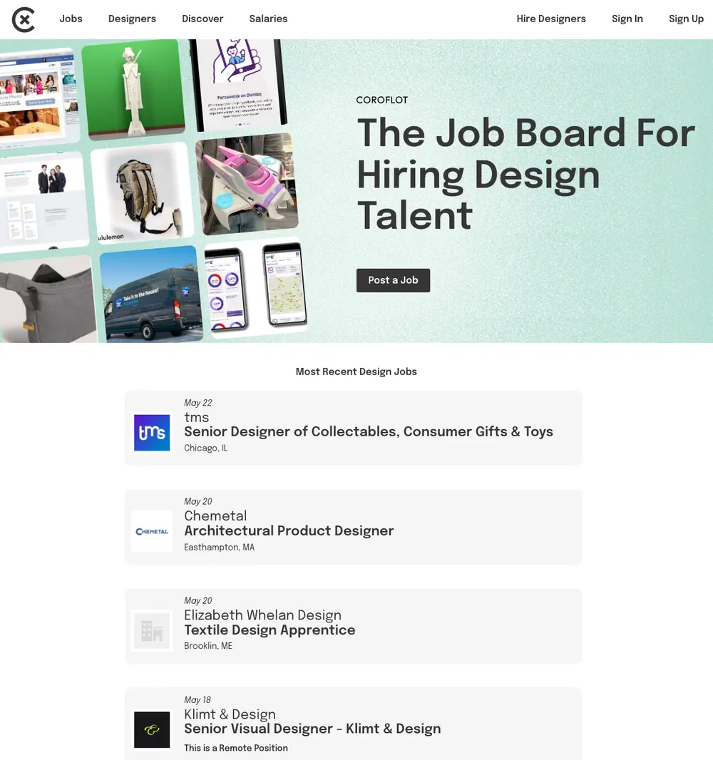Coroflot job board platform screenshot showing job search interface