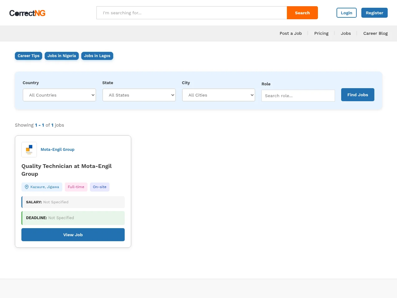 CorrectNG screenshot CorrectNG job board platform screenshot showing job search interface