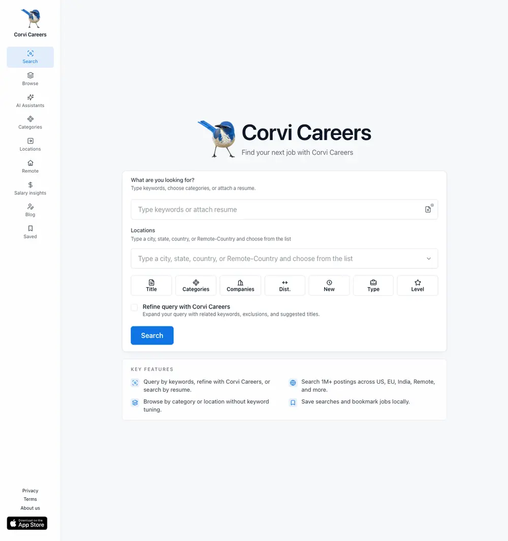 Corvi Careers job board platform screenshot showing job search interface