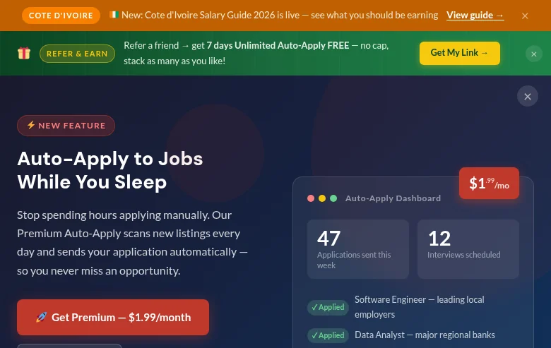 Mimu's Jobs Côte d'Ivoire job board platform screenshot showing job search interface