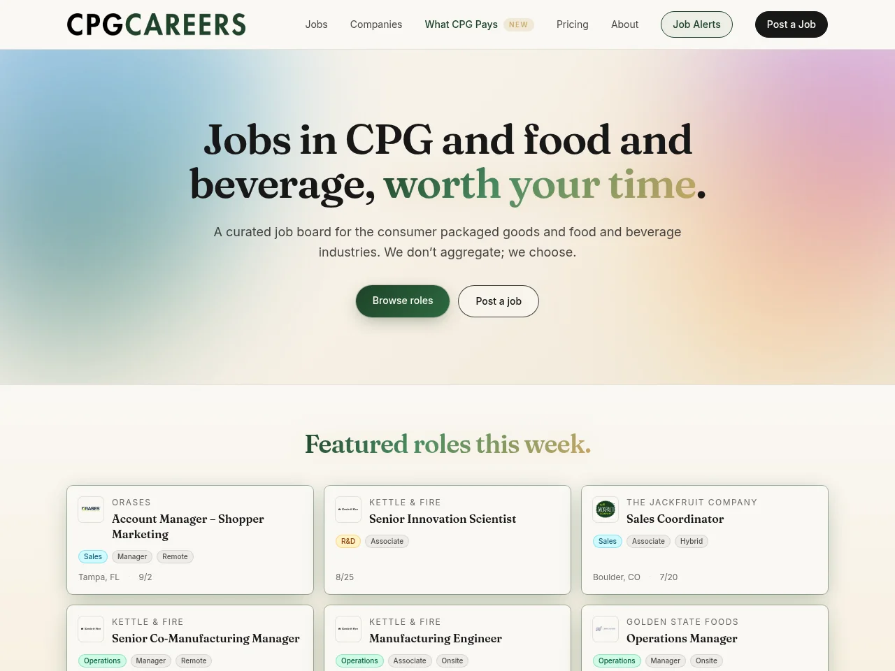 CPG Careers job board platform screenshot showing job search interface