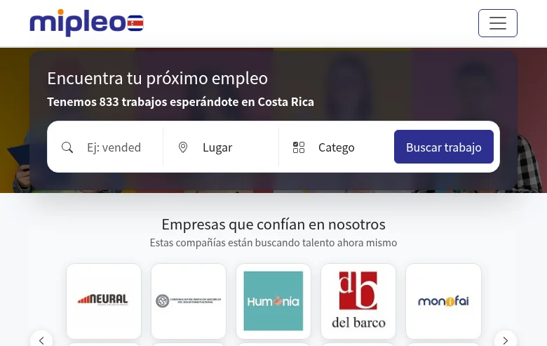 Mipleo Costa Rica job board platform screenshot showing job search interface