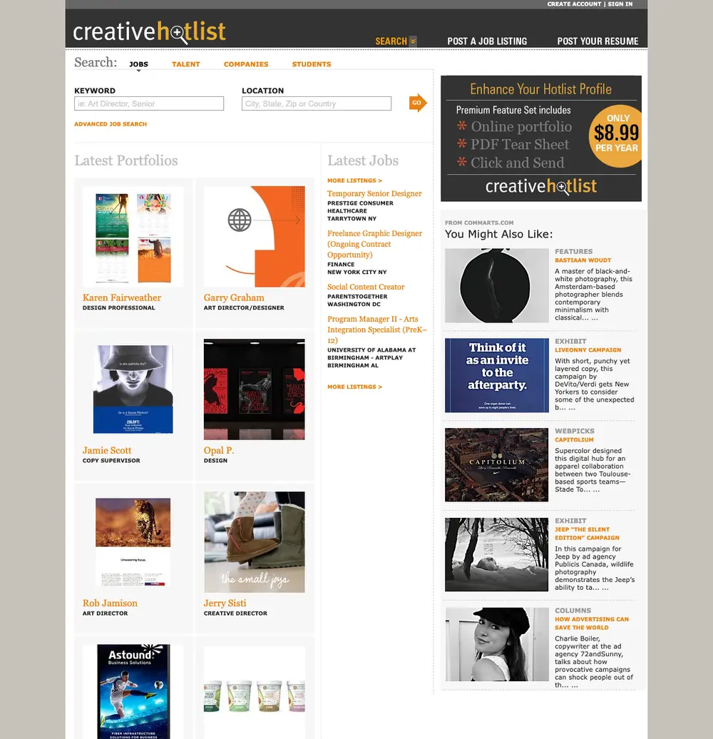 Creative Hotlist job board platform screenshot showing job search interface