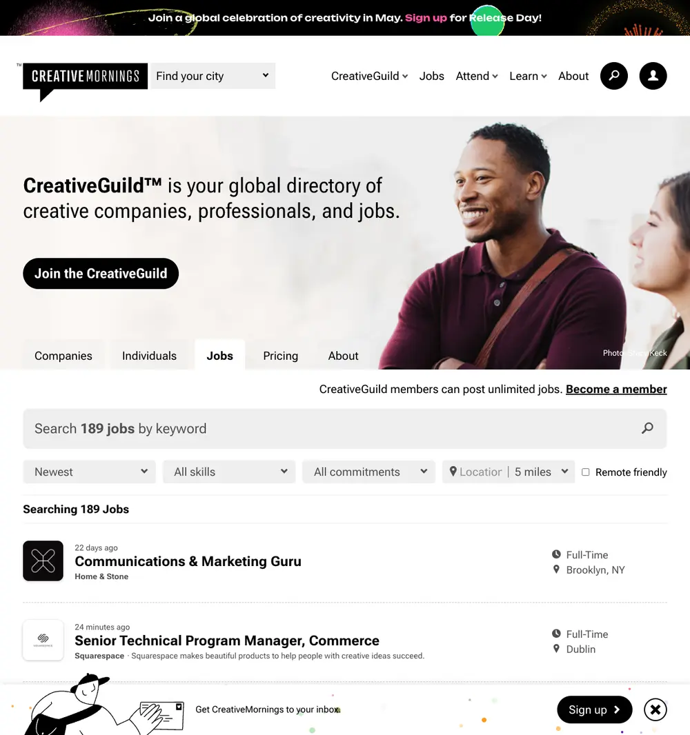 CreativeGuild job board platform screenshot showing job search interface