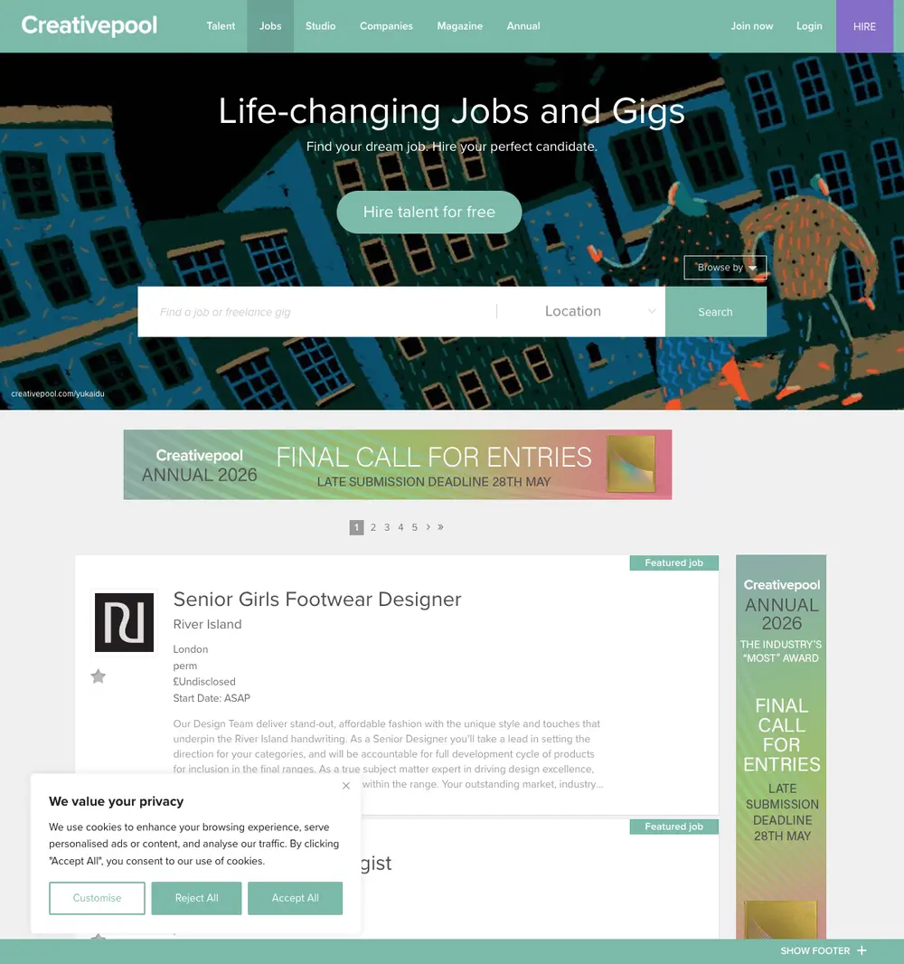 Creativepool job board platform screenshot showing job search interface