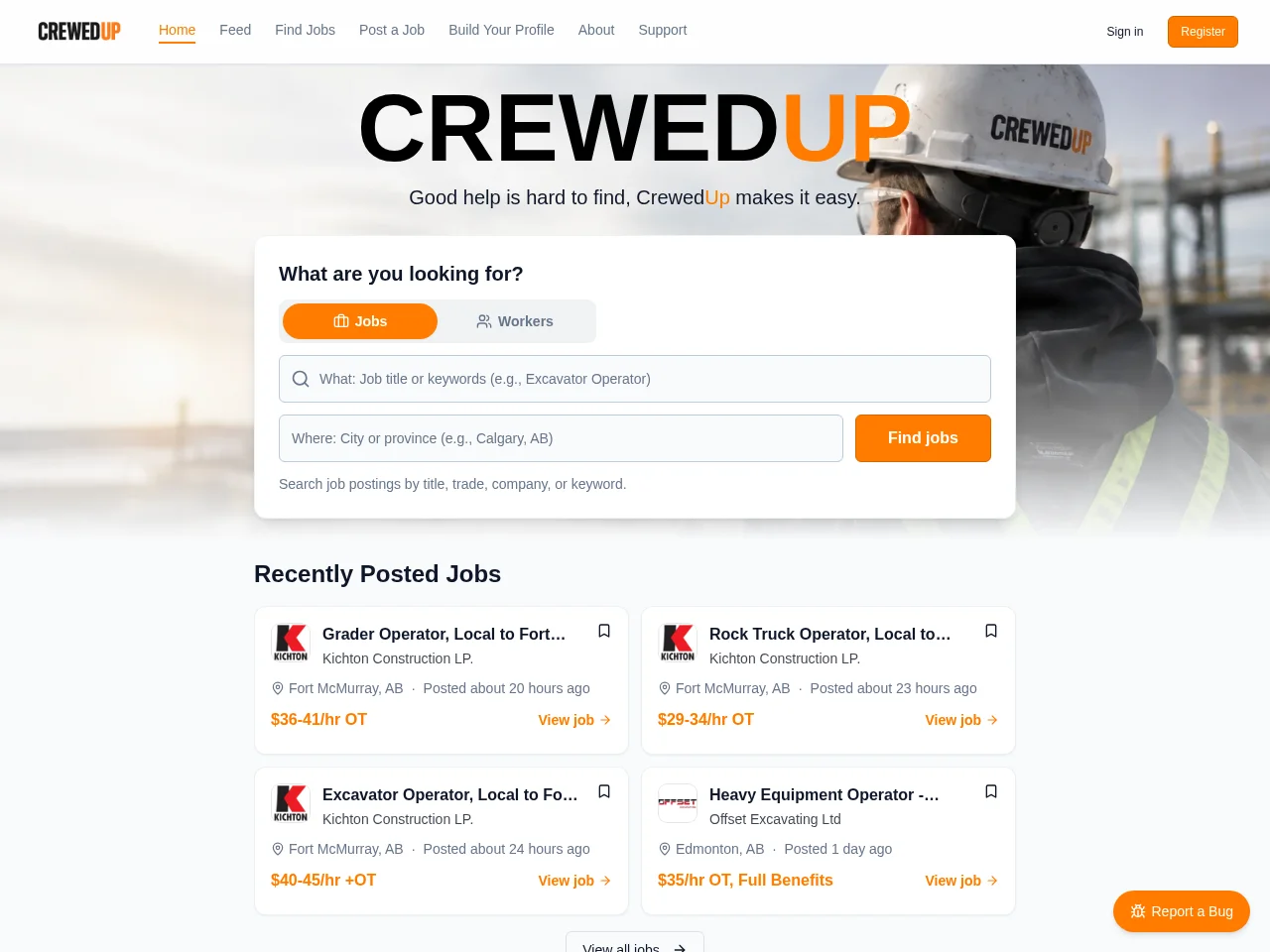 CrewedUp job board platform screenshot showing job search interface