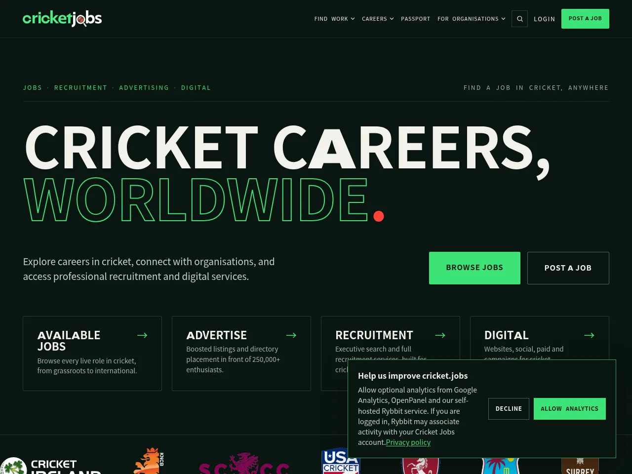cricket.jobs job board platform screenshot showing job search interface