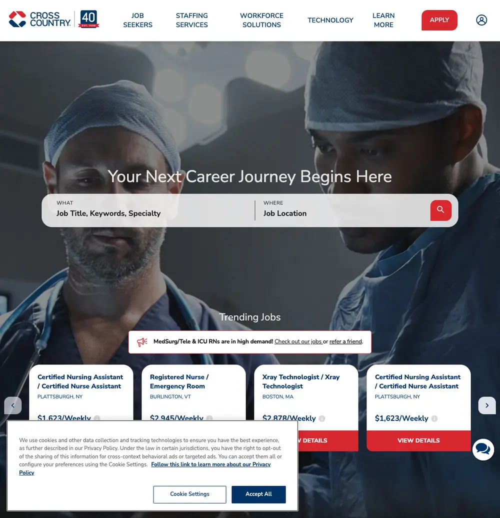 Cross Country Healthcare job board platform screenshot showing job search interface
