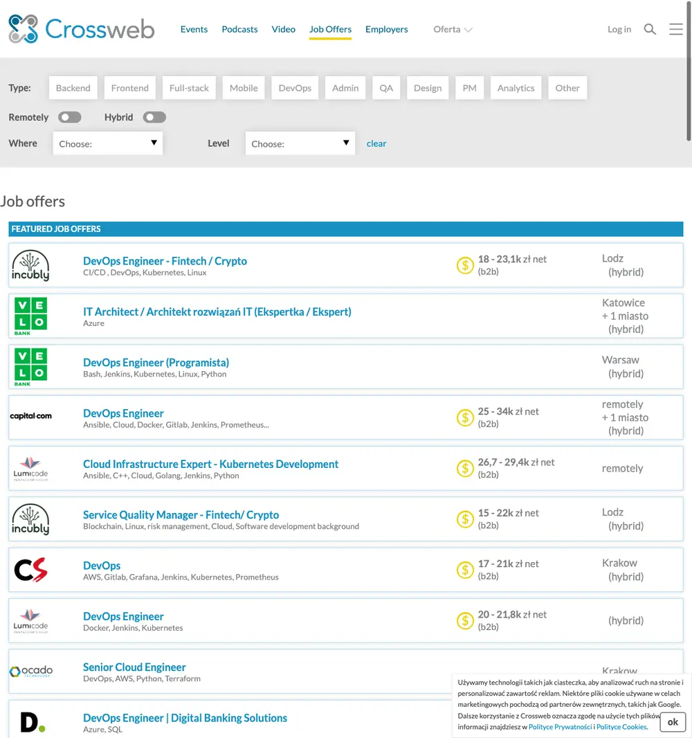Crossweb job board platform screenshot showing job search interface