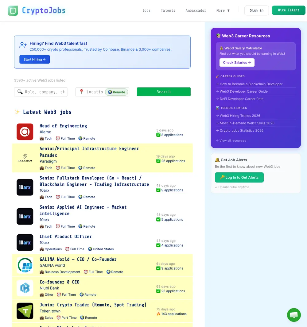 CryptoJobs job board platform screenshot showing job search interface