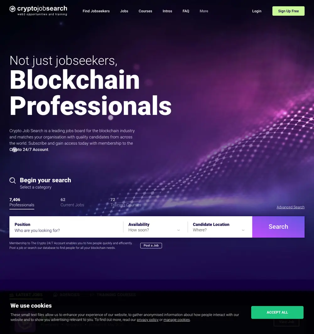 Crypto Job Search job board platform screenshot showing job search interface
