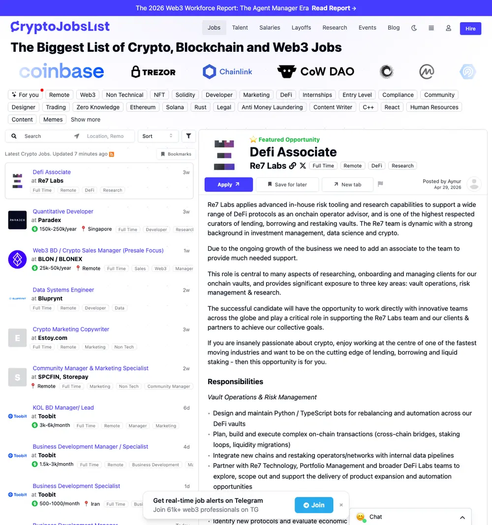 CryptoJobsList job board platform screenshot showing job search interface