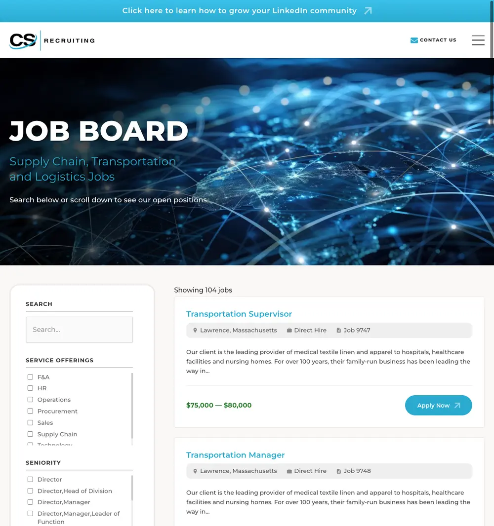 CS Recruiting Job Board job board platform screenshot showing job search interface
