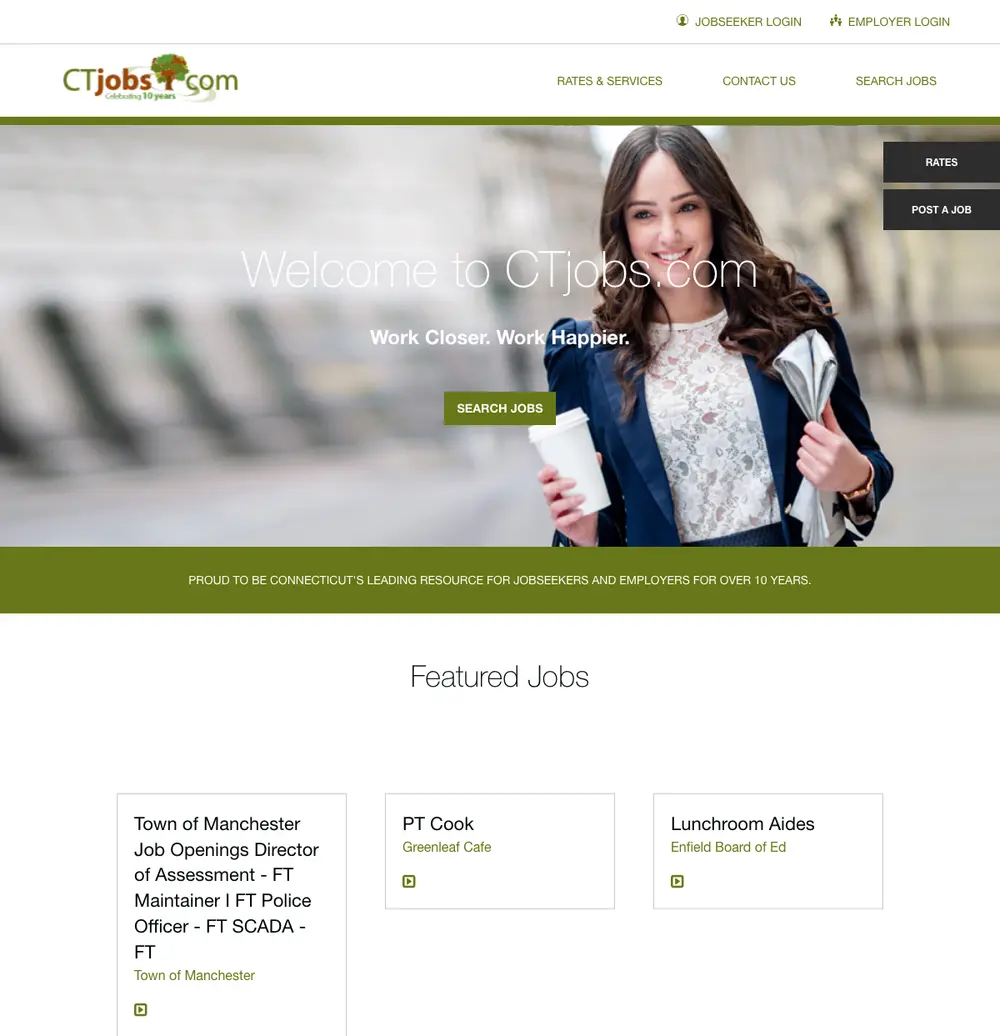 CT Jobs job board platform screenshot showing job search interface