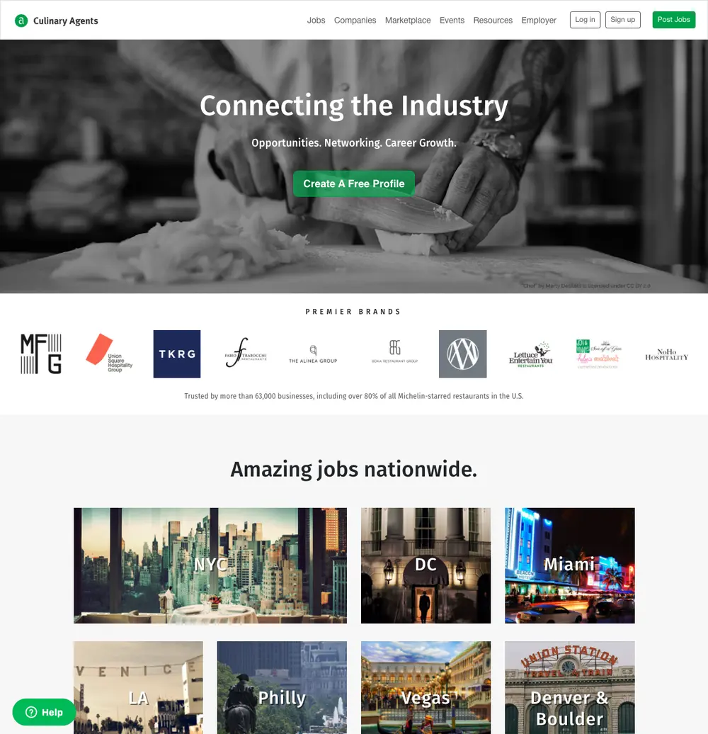 Culinary Agents job board platform screenshot showing job search interface