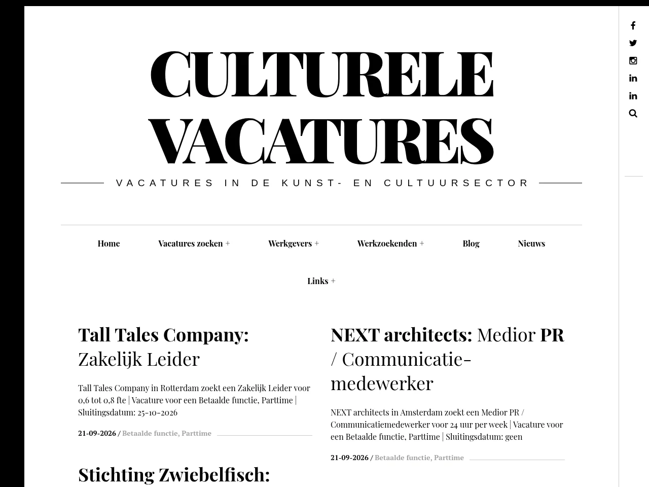 Culturele vacatures job board platform screenshot showing job search interface