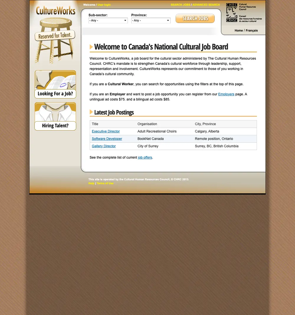 CultureWorks job board platform screenshot showing job search interface