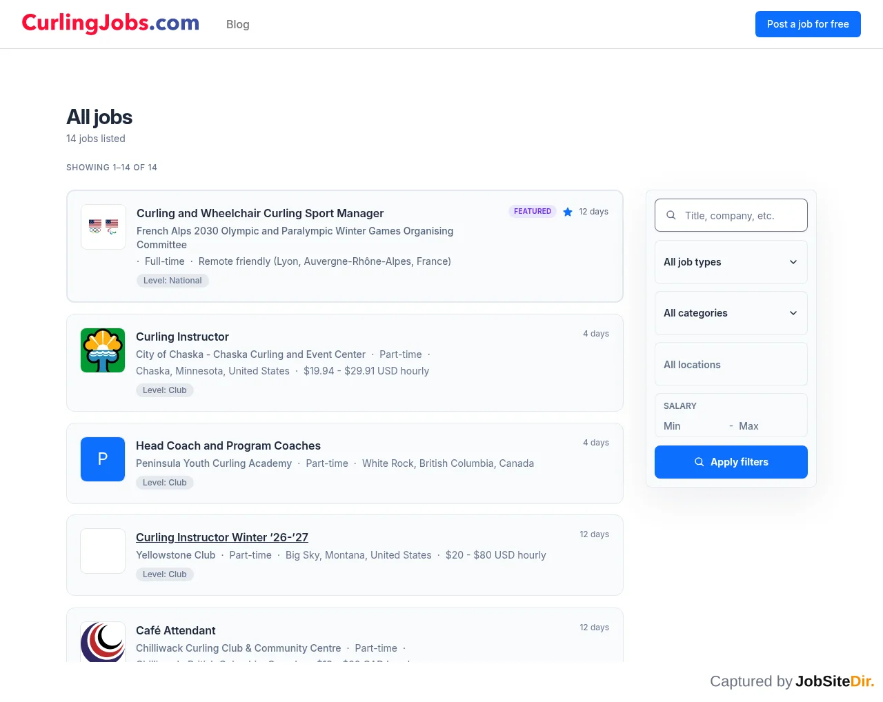 CurlingJobs.com website screenshot