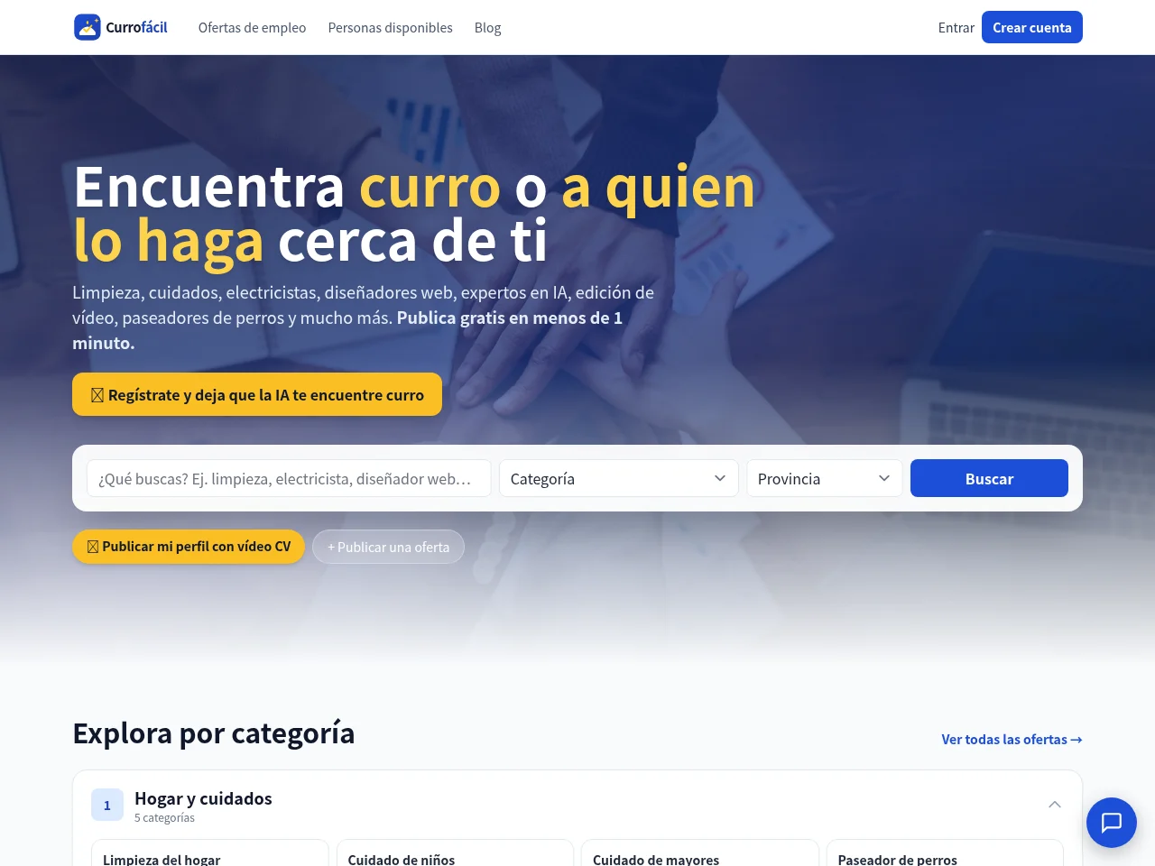 Currofácil job board platform screenshot showing job search interface