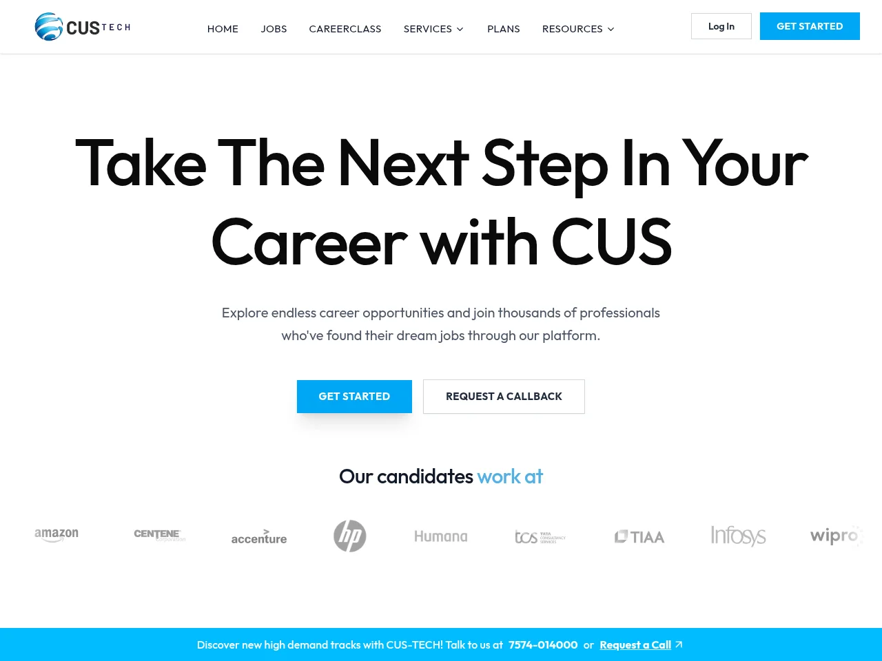 CUS Tech job board platform screenshot showing job search interface