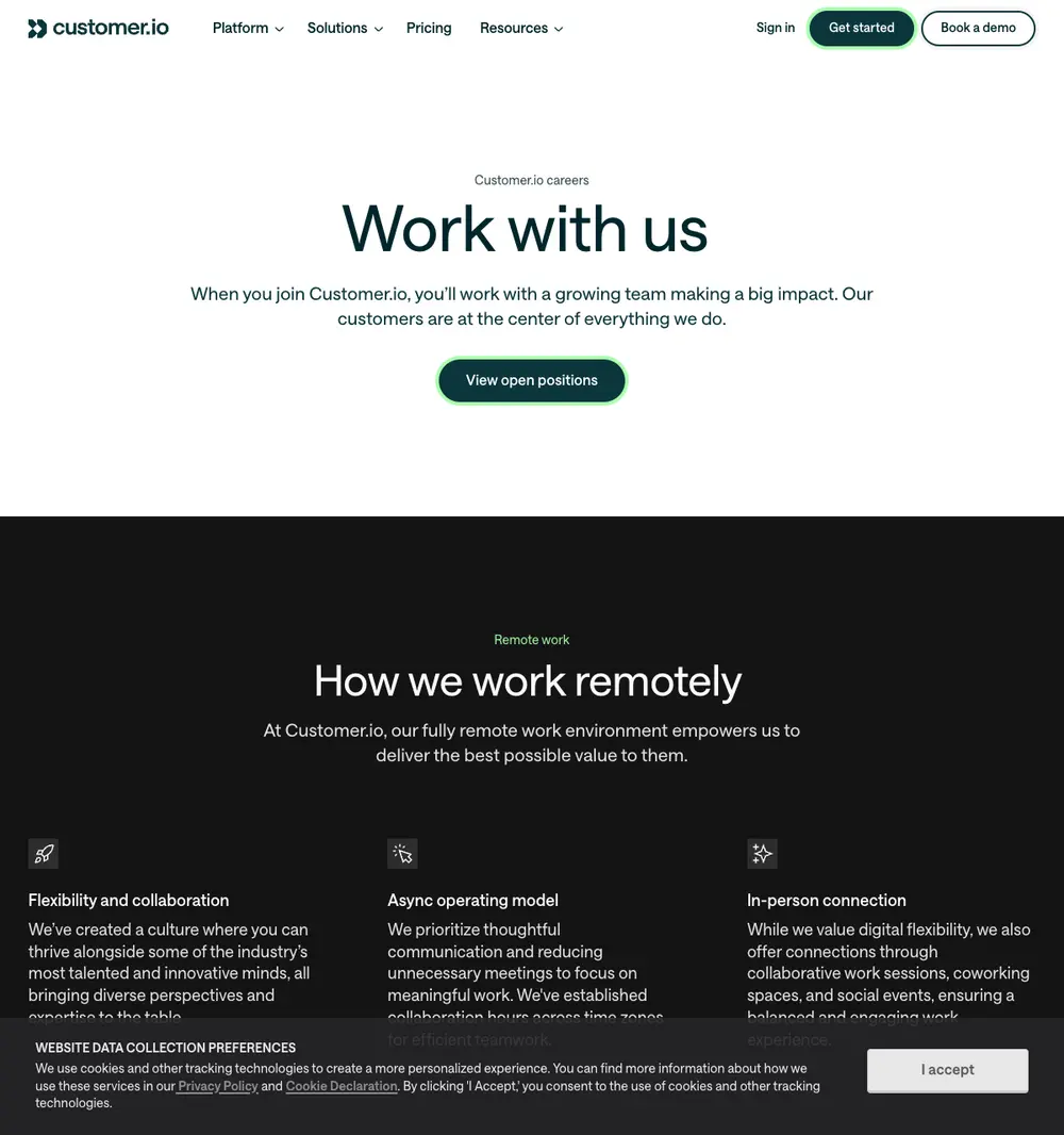 Customer.io job board platform screenshot showing job search interface