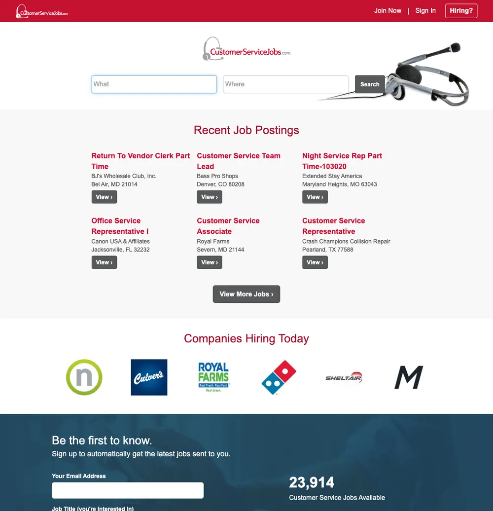CustomerServiceJobs job board platform screenshot showing job search interface