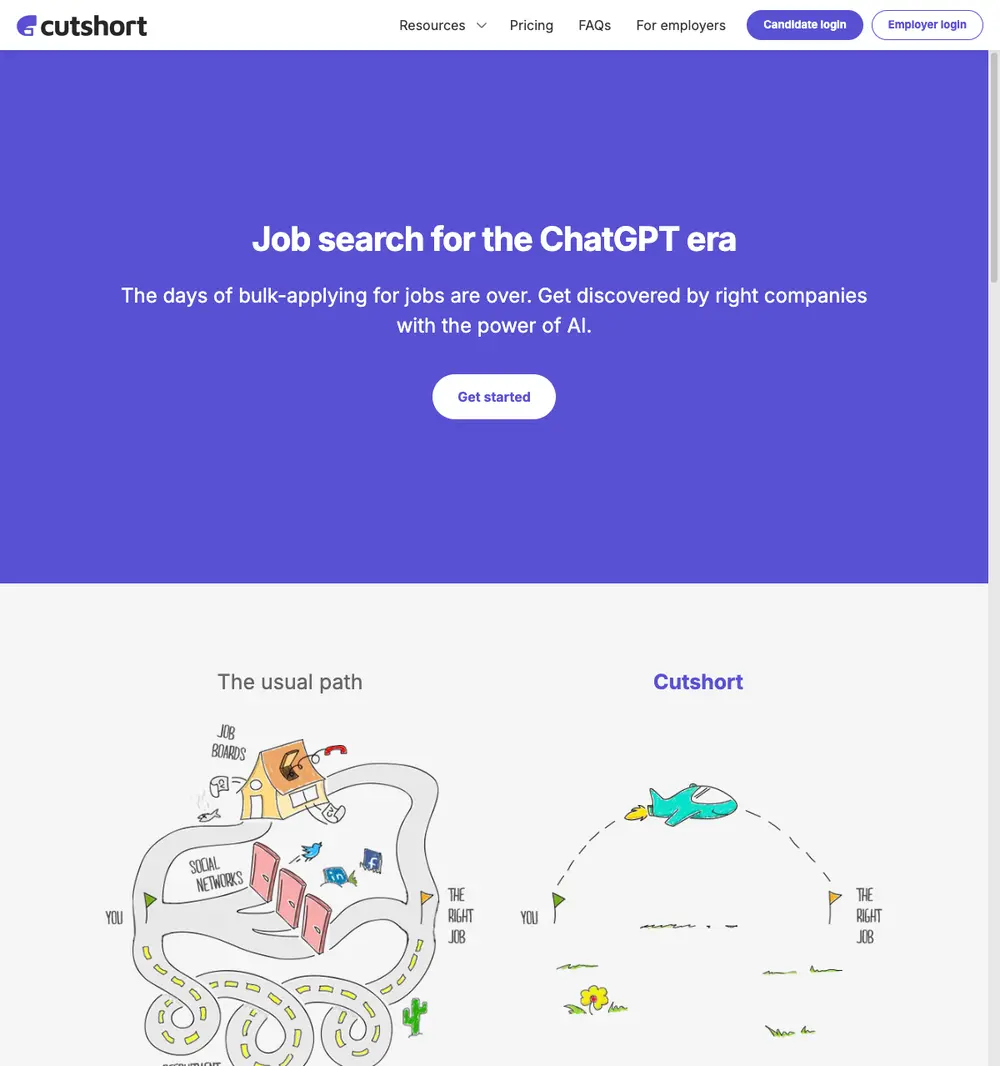 Cutshort job board platform screenshot showing job search interface