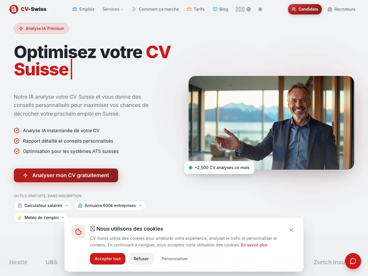 CV-Swiss job board platform screenshot showing job search interface