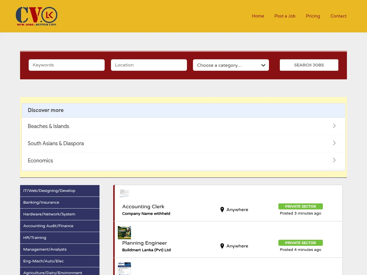 CV.lk job board platform screenshot showing job search interface