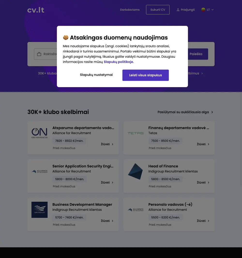 CV.lt job board platform screenshot showing job search interface