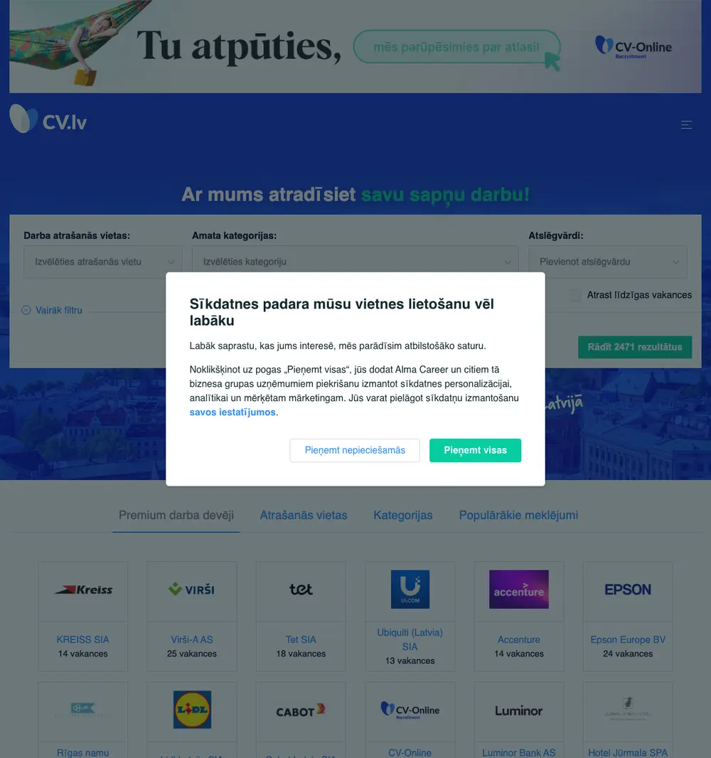CV-Online job board platform screenshot showing job search interface