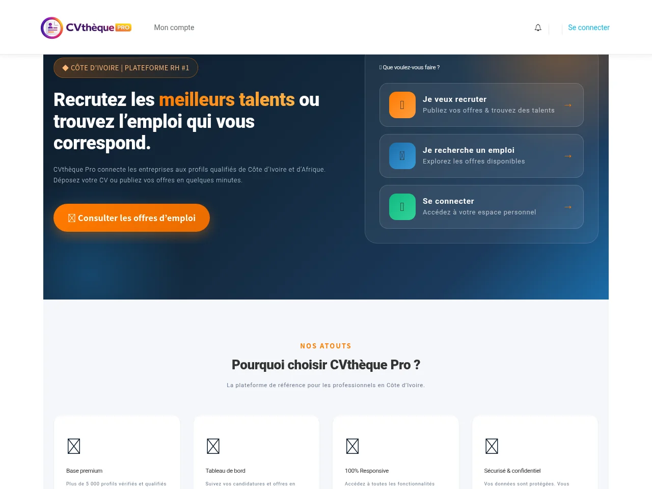 CVthèque Pro job board platform screenshot showing job search interface
