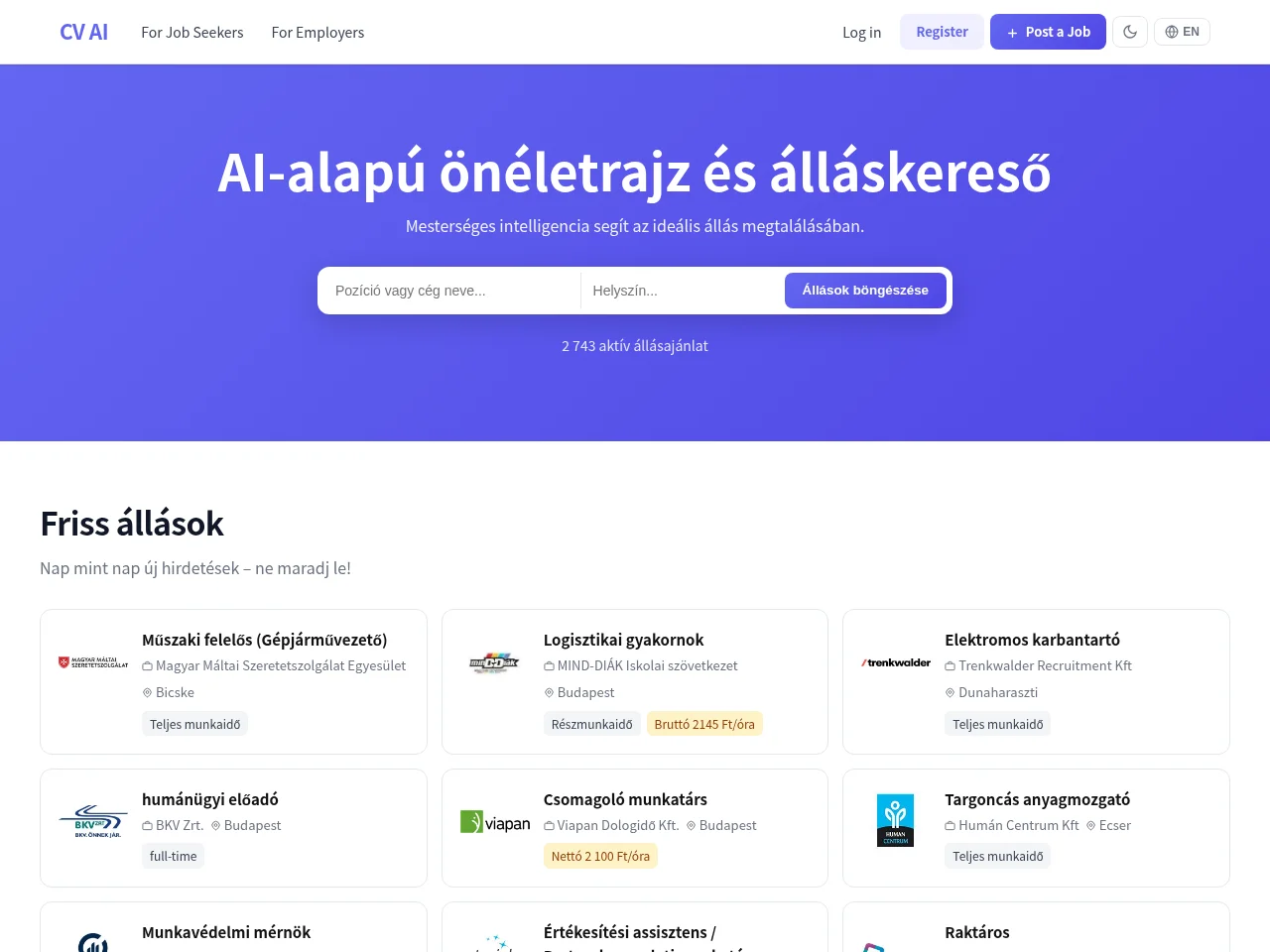 CV AI job board platform screenshot showing job search interface