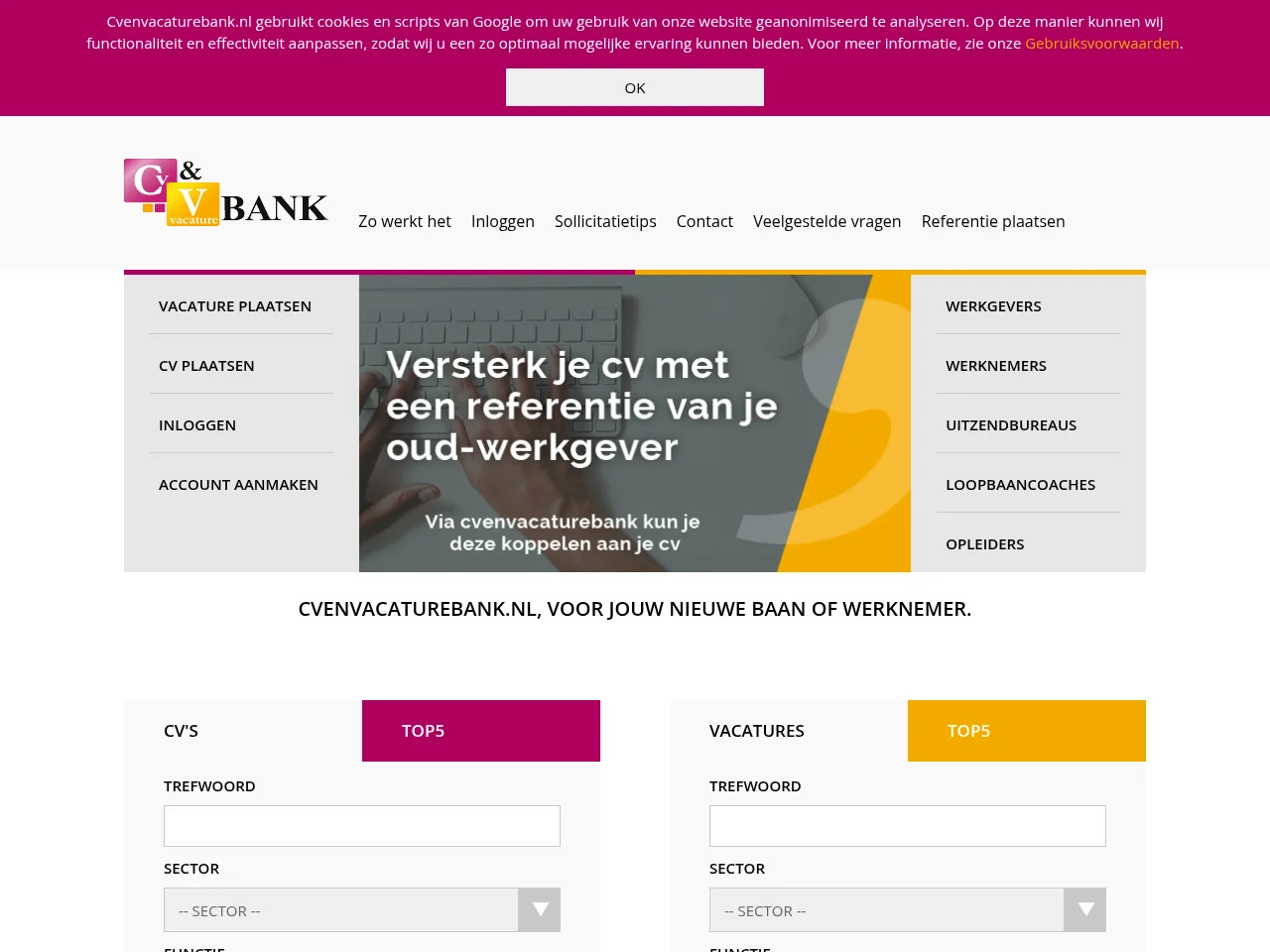 cvenvacaturebank.nl job board platform screenshot showing job search interface