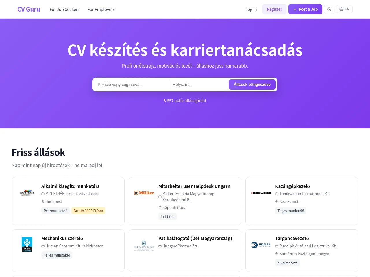 CV Guru screenshot CV Guru job board platform screenshot showing job search interface