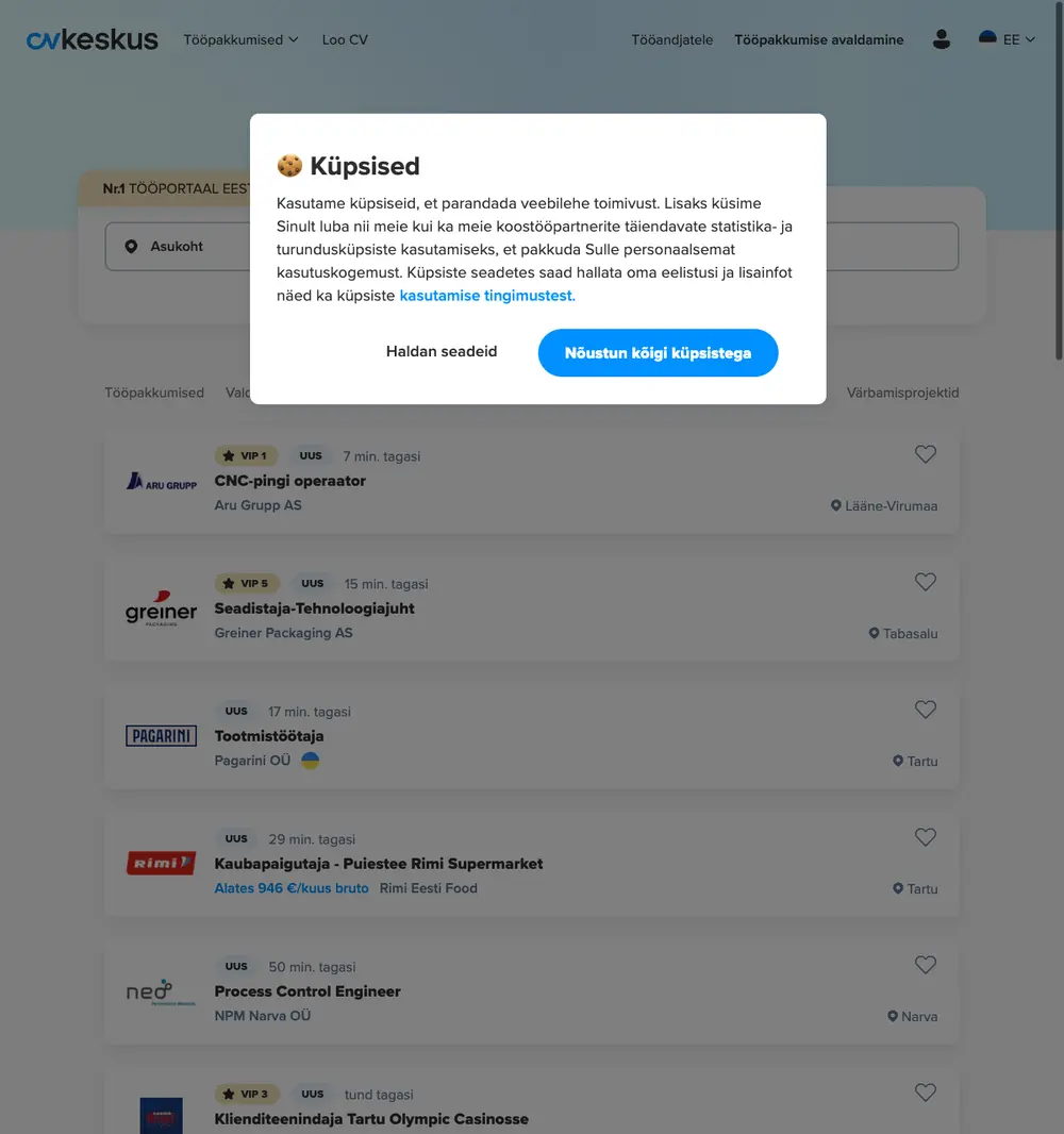 CV Keskus job board platform screenshot showing job search interface