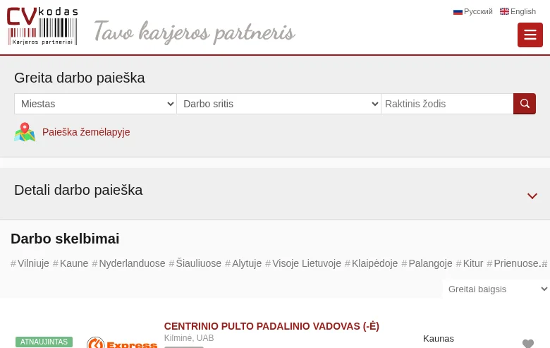 cvkodas.lt job board platform screenshot showing job search interface