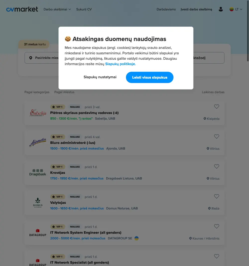 CVMarket.lt job board platform screenshot showing job search interface