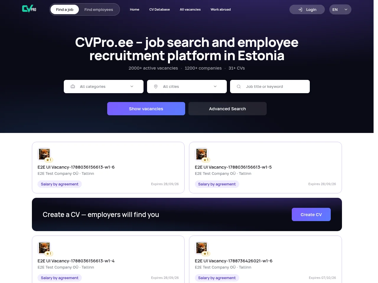 CVPro.ee screenshot CVPro.ee job board platform screenshot showing job search interface