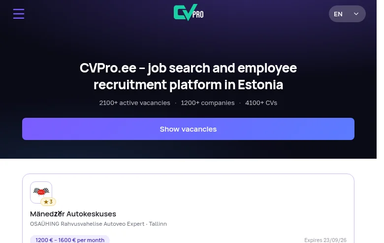CVPro.ee job board platform screenshot showing job search interface