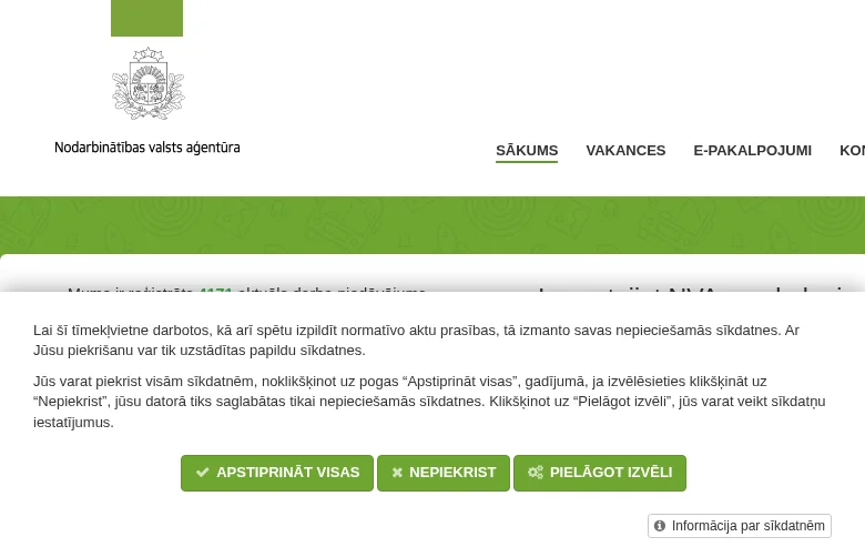 Nodarbinātības valsts aģentūra job board platform screenshot showing job search interface