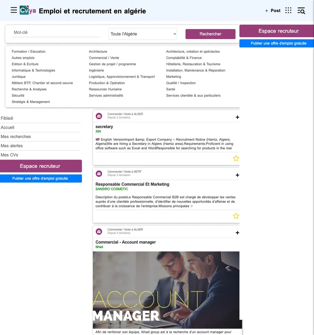 Cvya.dz job board platform screenshot showing job search interface