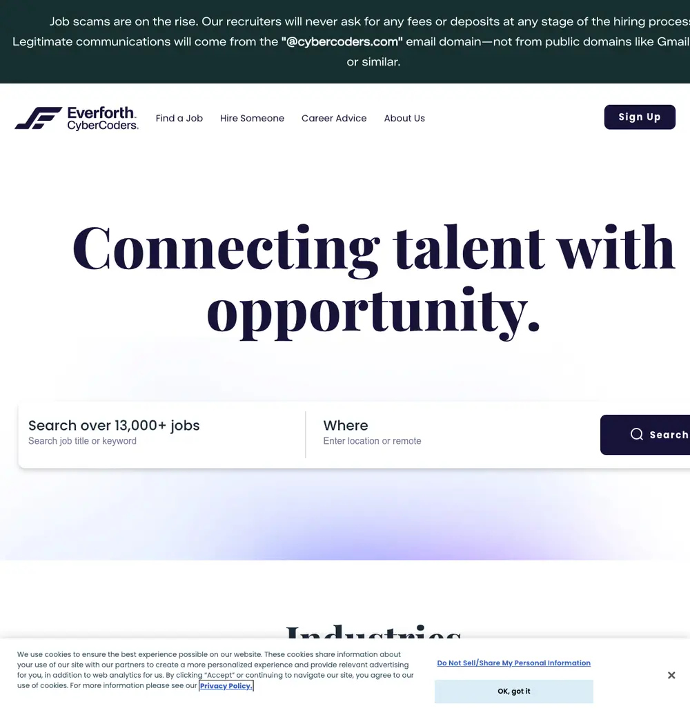 CyberCoders job board platform screenshot showing job search interface