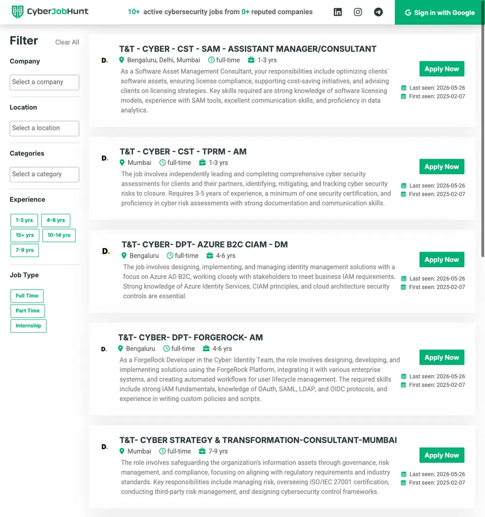 CyberJobHunt.in screenshot CyberJobHunt.in job board platform screenshot showing job search interface