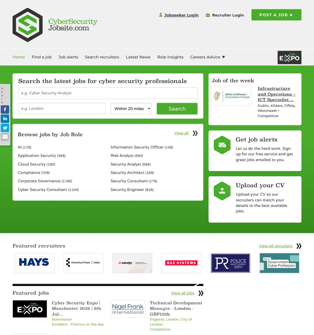 CyberSecurityJobsite.com job board platform screenshot showing job search interface