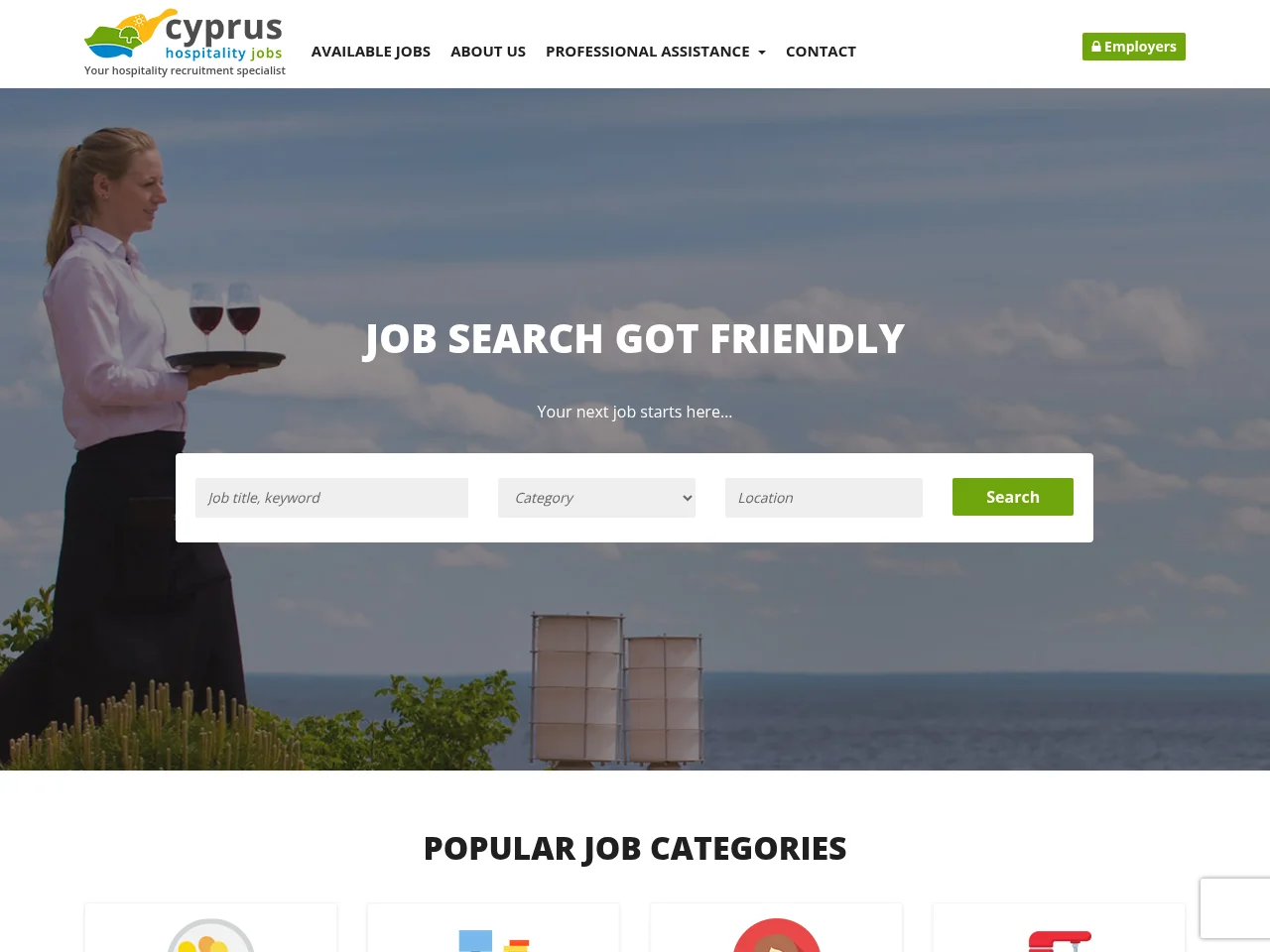 Cyprus Hospitality Jobs job board platform screenshot showing job search interface