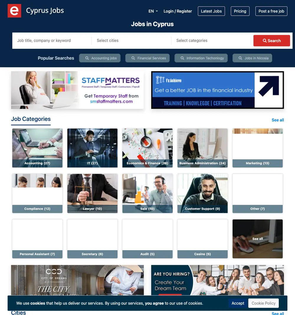 Cyprus Jobs job board platform screenshot showing job search interface